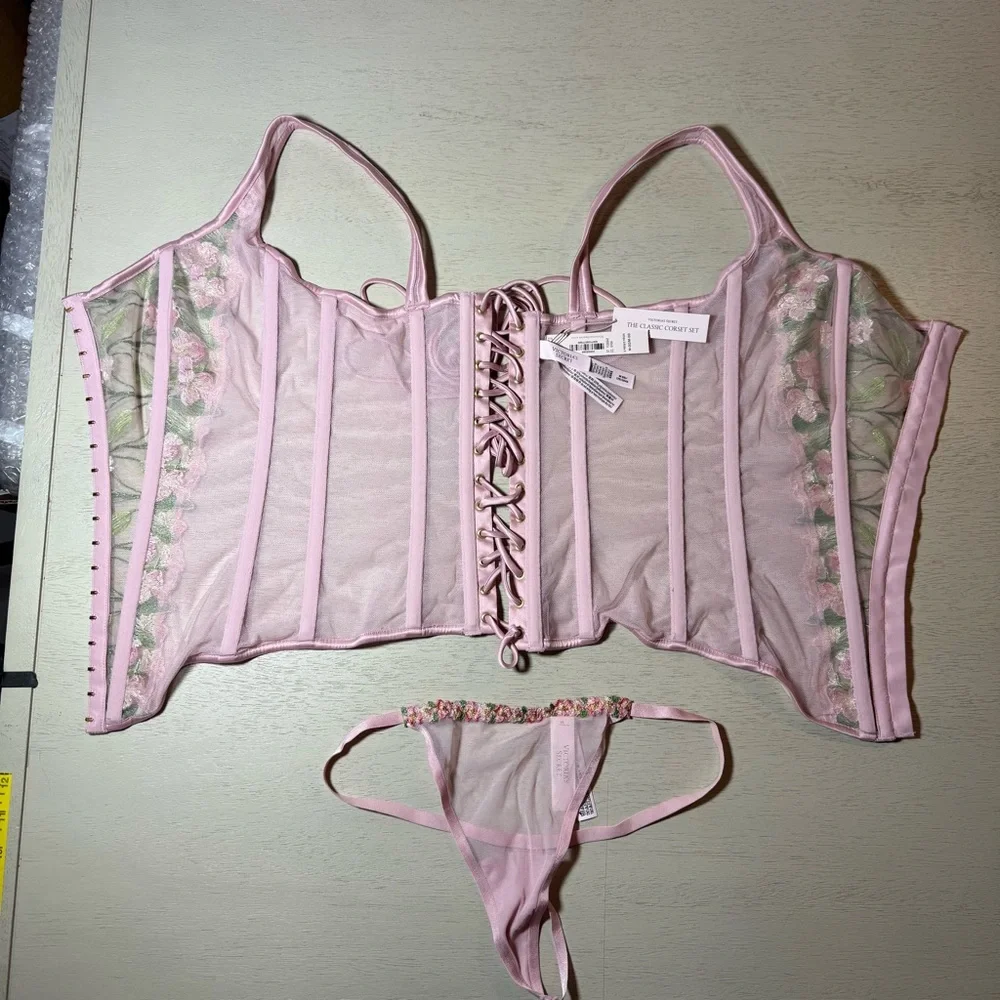 NWT Victoria's Secret Pink Lily Embroidered Corset G String 2 piece Set, Med DD - Picture 8 of 16